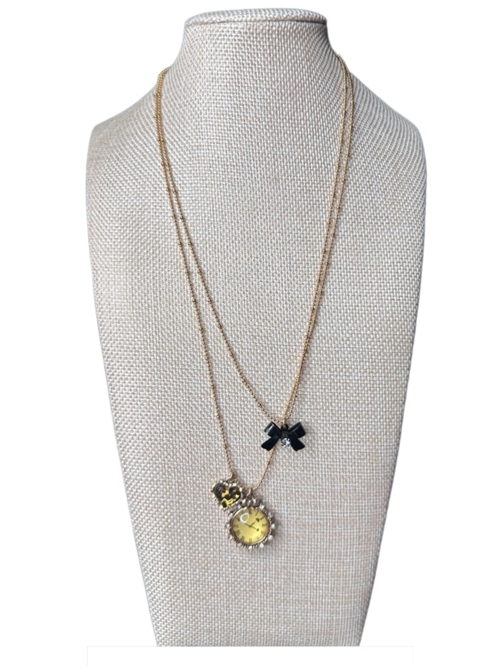 Betsey Johnson Gold Tone Layered Necklace with Black Bow and Yellow Watch Charm